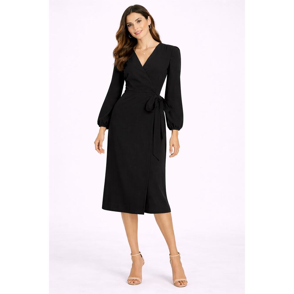 J Crew 365 Crepe Wrap Dress Black Womens Size 2 Tall New 3/4 Sleeve V Neck